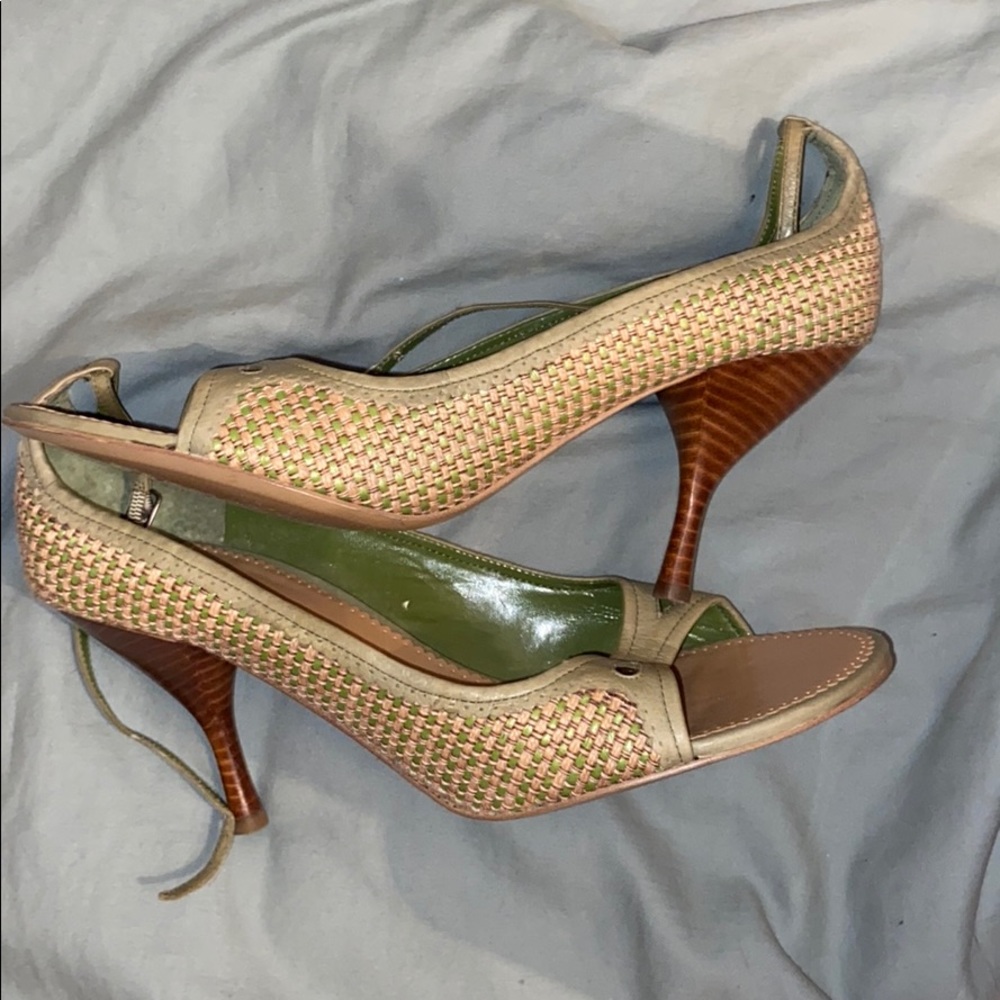 Peep toe basket weave, leather and fabric 3” heels